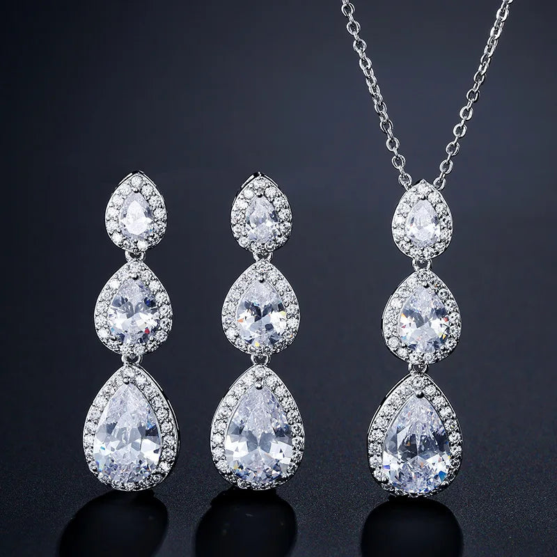 Miallo European Bridal Jewelry Sets Water Drop Zircon Pendant Necklaces Chain Earrings Set Wedding  Banquet Party Accesorios
