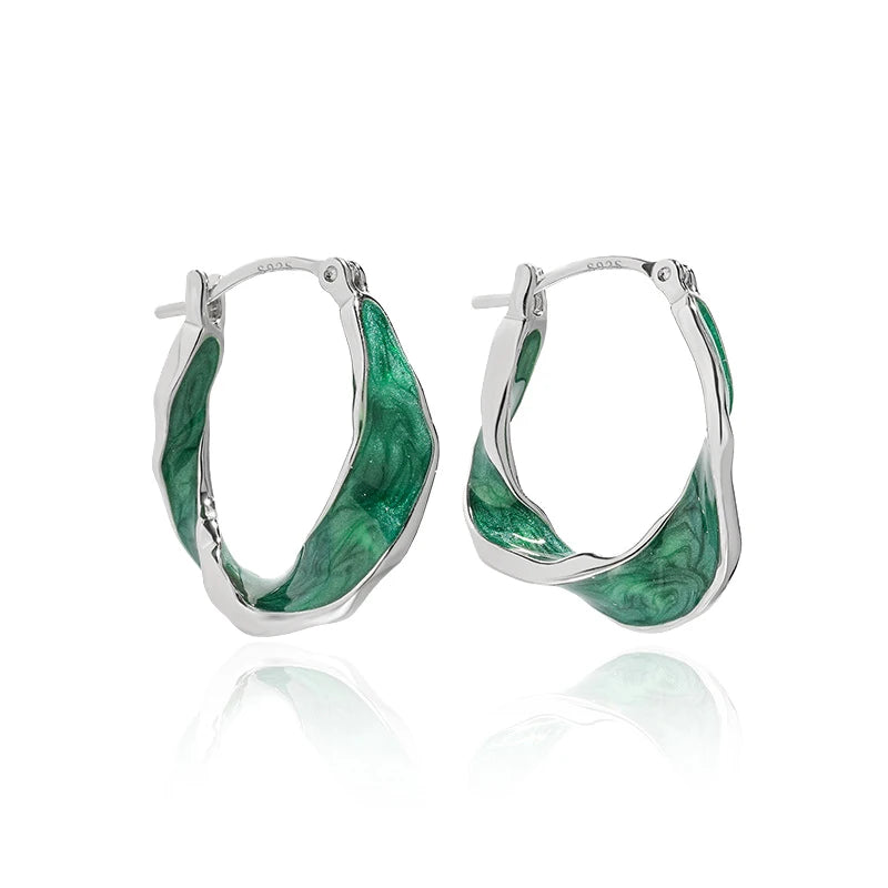 WMEB186 Ribbed Round Hoop Earrings Green Enamel Glaze Platinum Plated S925 Sterling Silver Earring Enamel Twisted Hoops