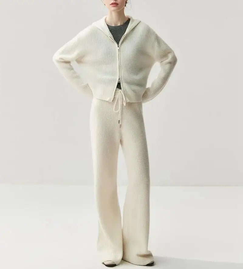 2026 Custom Sweater Manufacturer Hoodie Sweaters Set Ladies Knit Wide Leg Pants Cotton Wool Cashmere Pant Set for Women