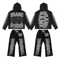 Custom Fashion Rhinestone Oversized Crop Top No Pockets 100% Cotton Black Hoodies and Sweat Pants Set