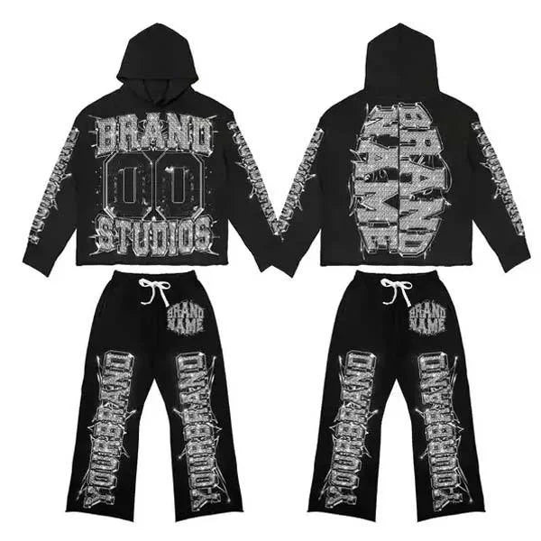 Custom Fashion Rhinestone Oversized Crop Top No Pockets 100% Cotton Black Hoodies and Sweat Pants Set
