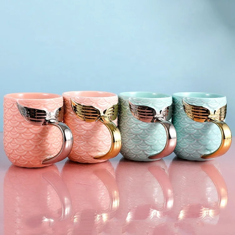 15oz Romantic pink Coffee Ceramic Mermaid Mug with Golden Tail Handle