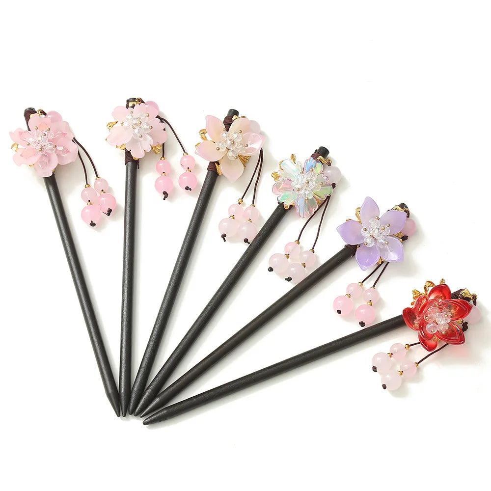 Wood Hairpin Hair Sticks Womens Flower Tassel Hairpin Chinese Style Wooden Hair Bun Chop Stick