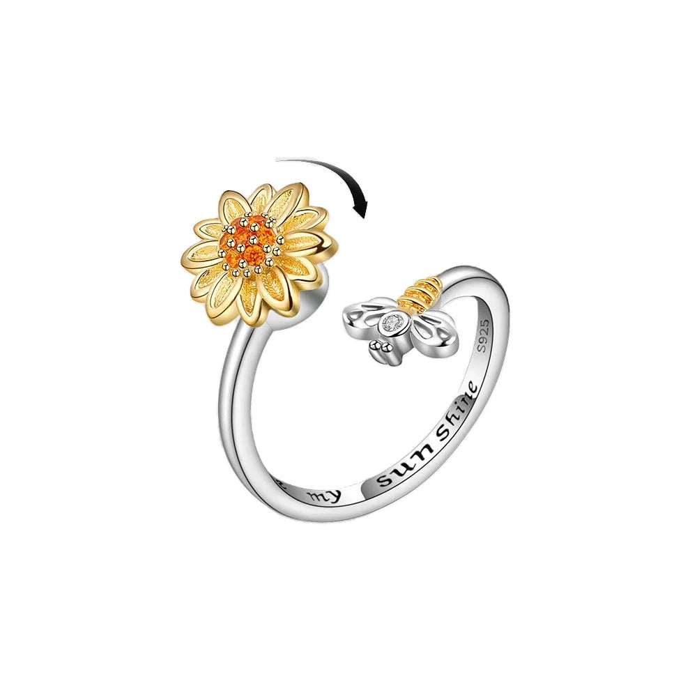 Daidan Spinner Ring 925 Sterling Silver Ring Gold Plated Initial Letter Bee Sunflower Adjustable Rings for Women