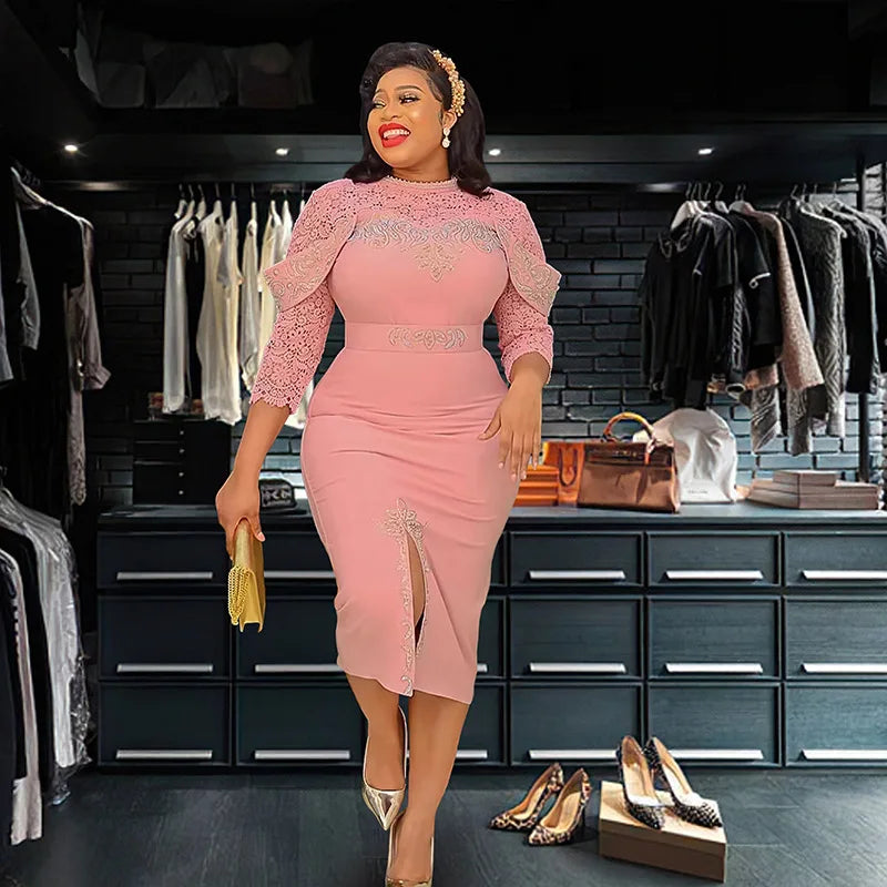 L-3XL New Large Wrapped Hip Dress African Fashion Split Dress Half Sleeve Hot Diamond Cut Out Dress