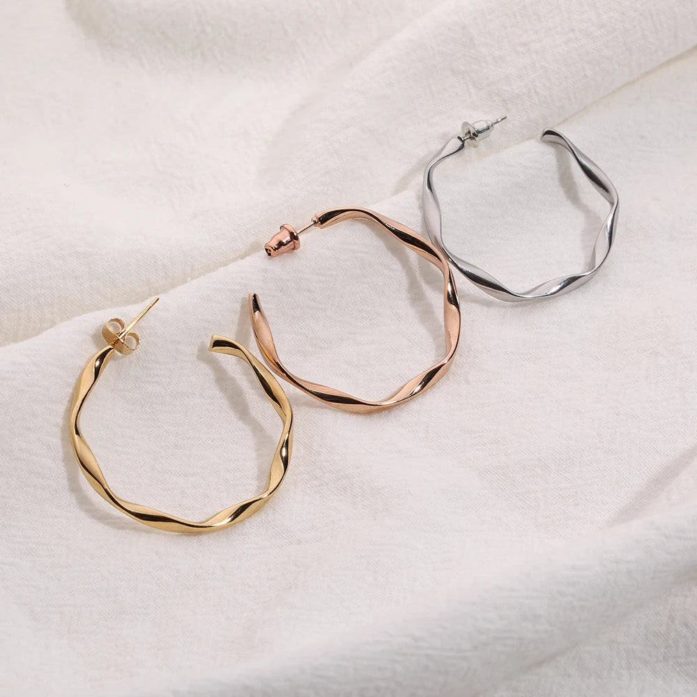 2021 Women's Gold Plated 316L Stainless Steel Asymmetric Hoop Earrings Big Twist Non-Tarnish Trendy Wedding Party Jewelry Gift