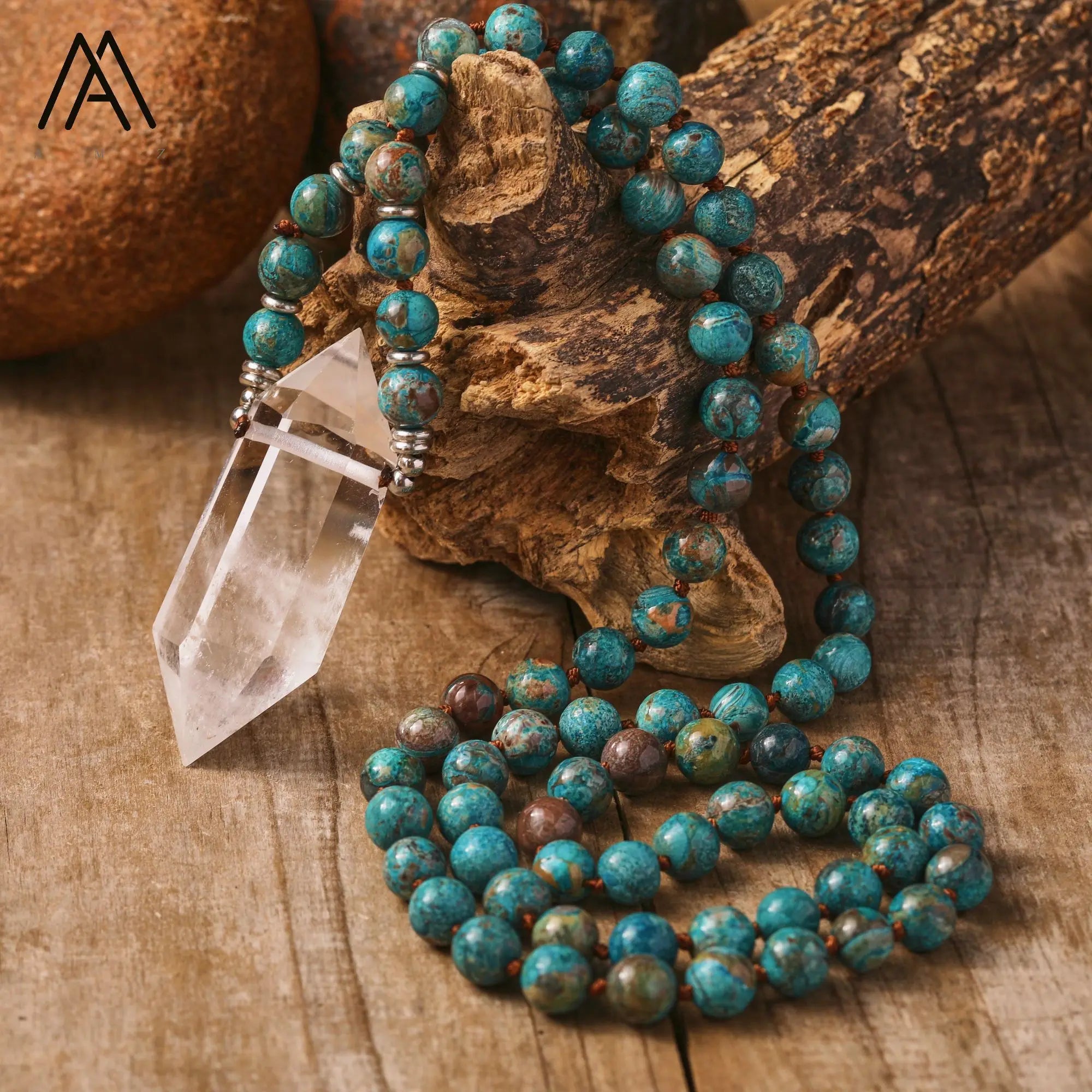 Classically Styled Ocean Agate Mala Necklace Healing Crystal Double Point Pendant for Yoga Weddings Parties Energy Gift Jewelry