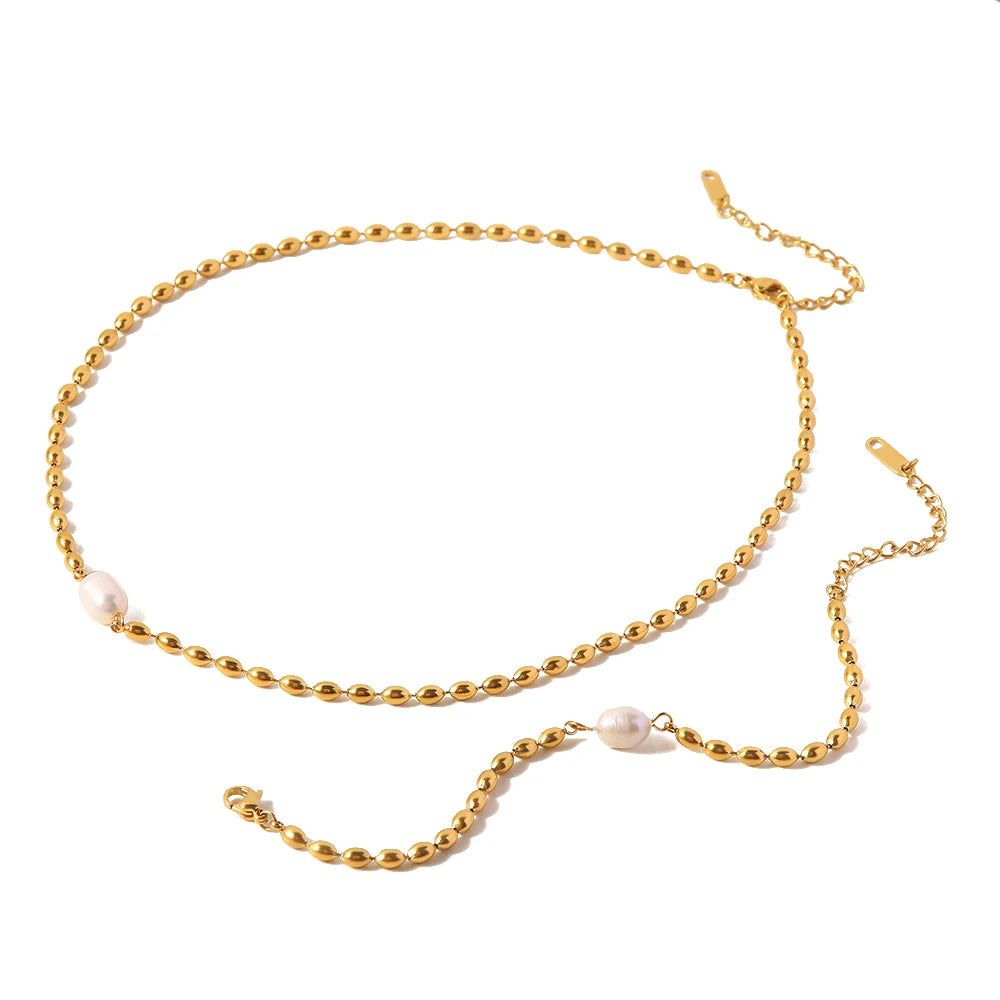 Stainless Steel Pearl Necklace 18K Gold Plated Bead Chain Single Pearl Pendant Bracelet Necklace
