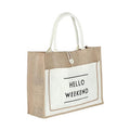 Wholesale Reusable Natural Burlap Linen Hemp Beach Bag Hello Weekend Printed Tote Shopping Jute Bag with Custom logo