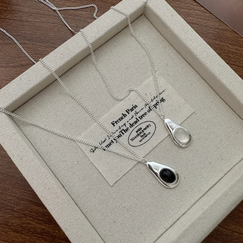 Geometric Silver Link Chain Necklaces  925 Sterling Silver Black White Agate Pave Tear-Drop Pendant Necklaces for  Women