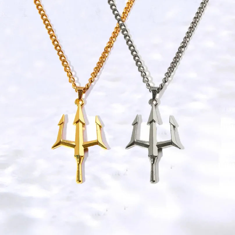 New Arrival Trident Necklace Punk Men Stainless Steel Jewelry 38mm Silver Black Neptune Poseidon Trident Pendant