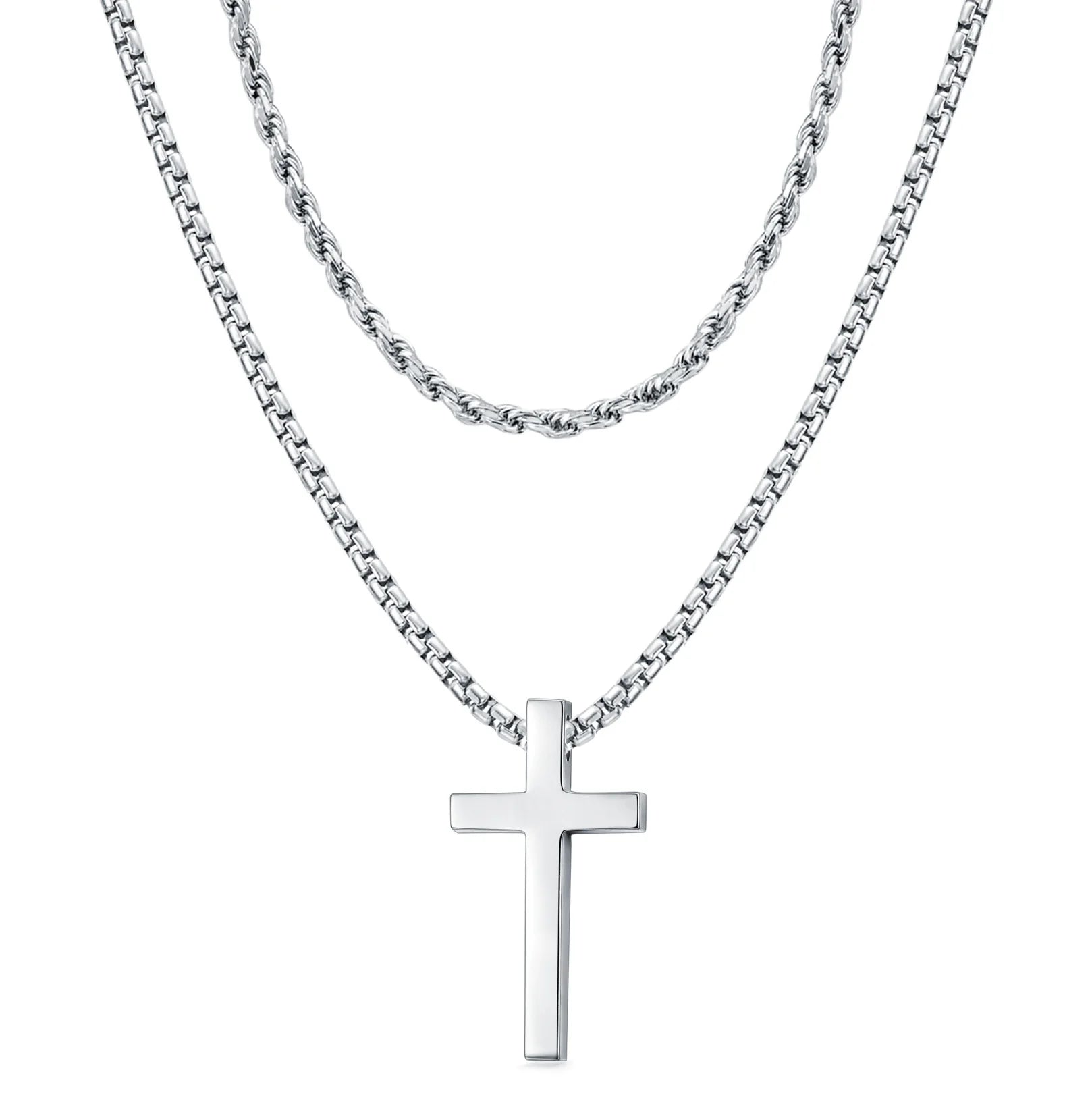 Hot Sale Men Religious Jewelry 925 Sterling Silver 22+2 Inch Chain Layered Cross Necklace