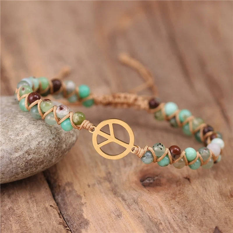 Women Stainless Steel Peace Charm String Braided Beads Bracelet Yoga Friendship Bracelet Bangle Bohemian Jewellery Dropship