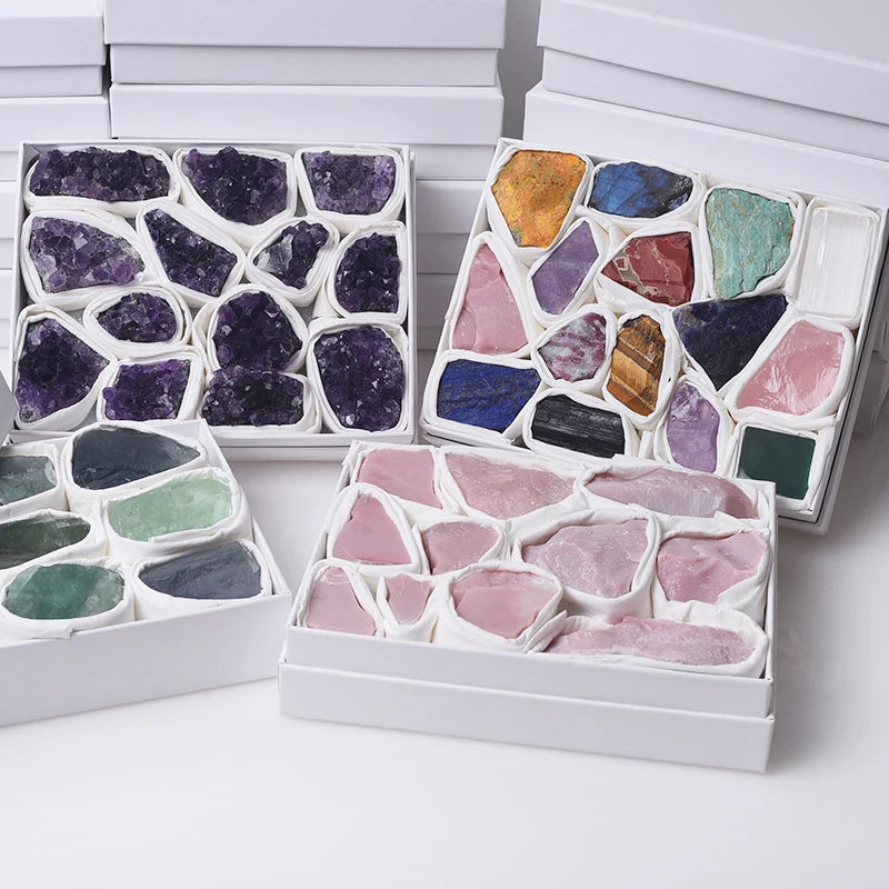 Various of Crystals Quartz Block Natural Amethyst Rose Quartz Reiki Healing Mineral Specimens Stones with Box MegaBDM