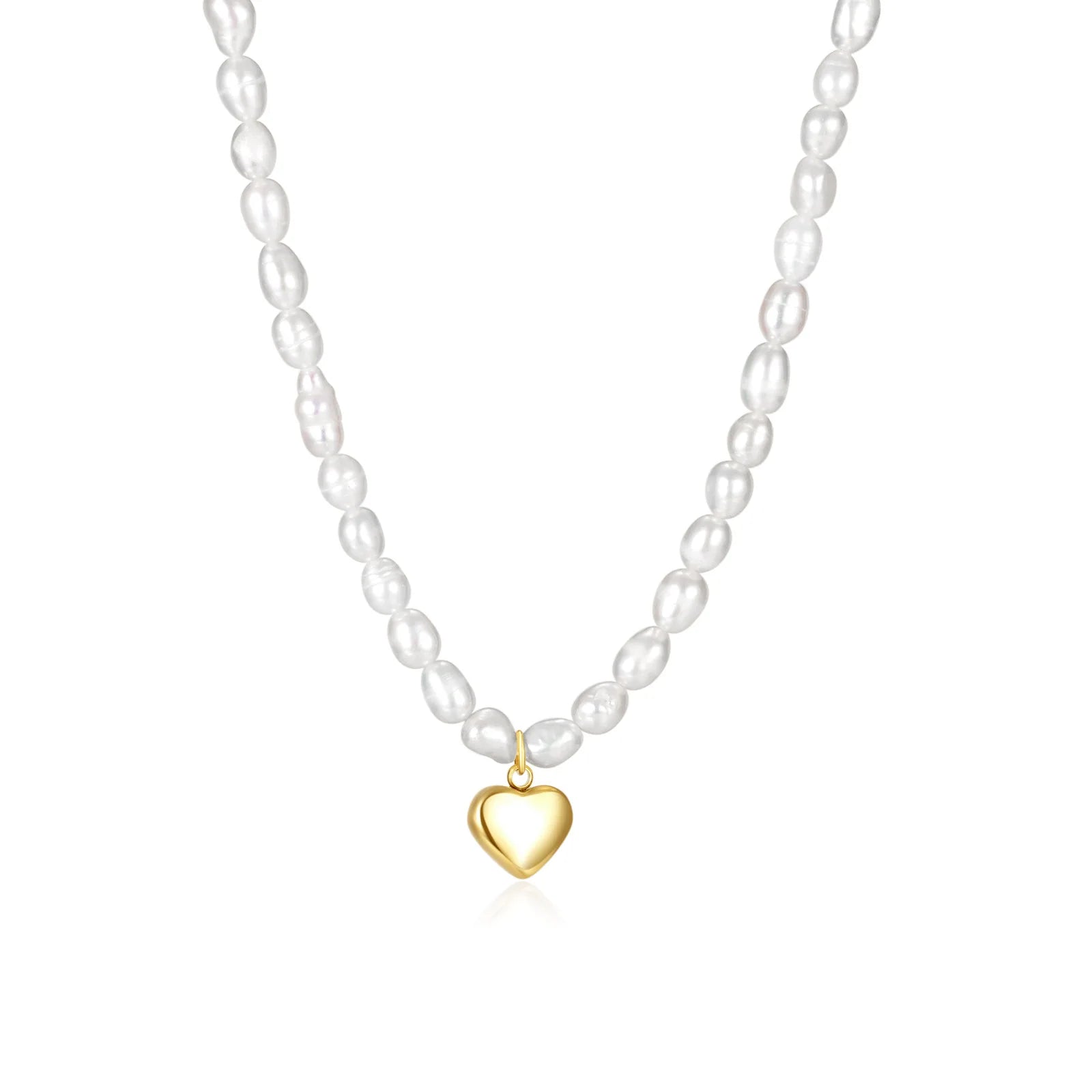 INS Stainless Steel Gold Plated Freshwater Pearl 3D Heart Pendant Link Chain Necklace Solid Heart Pearl Unisex