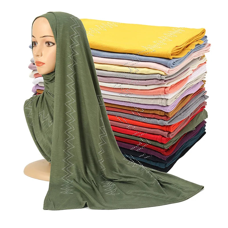 High-Quality Fashion Jersey Scarf Stretchy Hijab With Stones Islamic Muslim Headscarf With Rhinestones