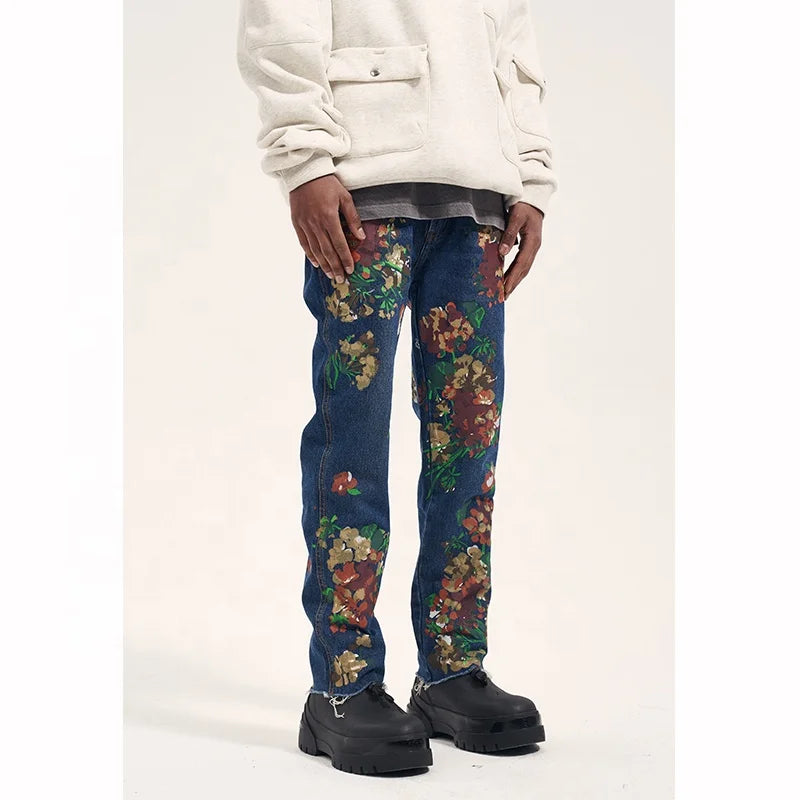 Custom Label Drop Ship Boys Men Street Wear Drop Shipping Stock Men Print Denim Jeans