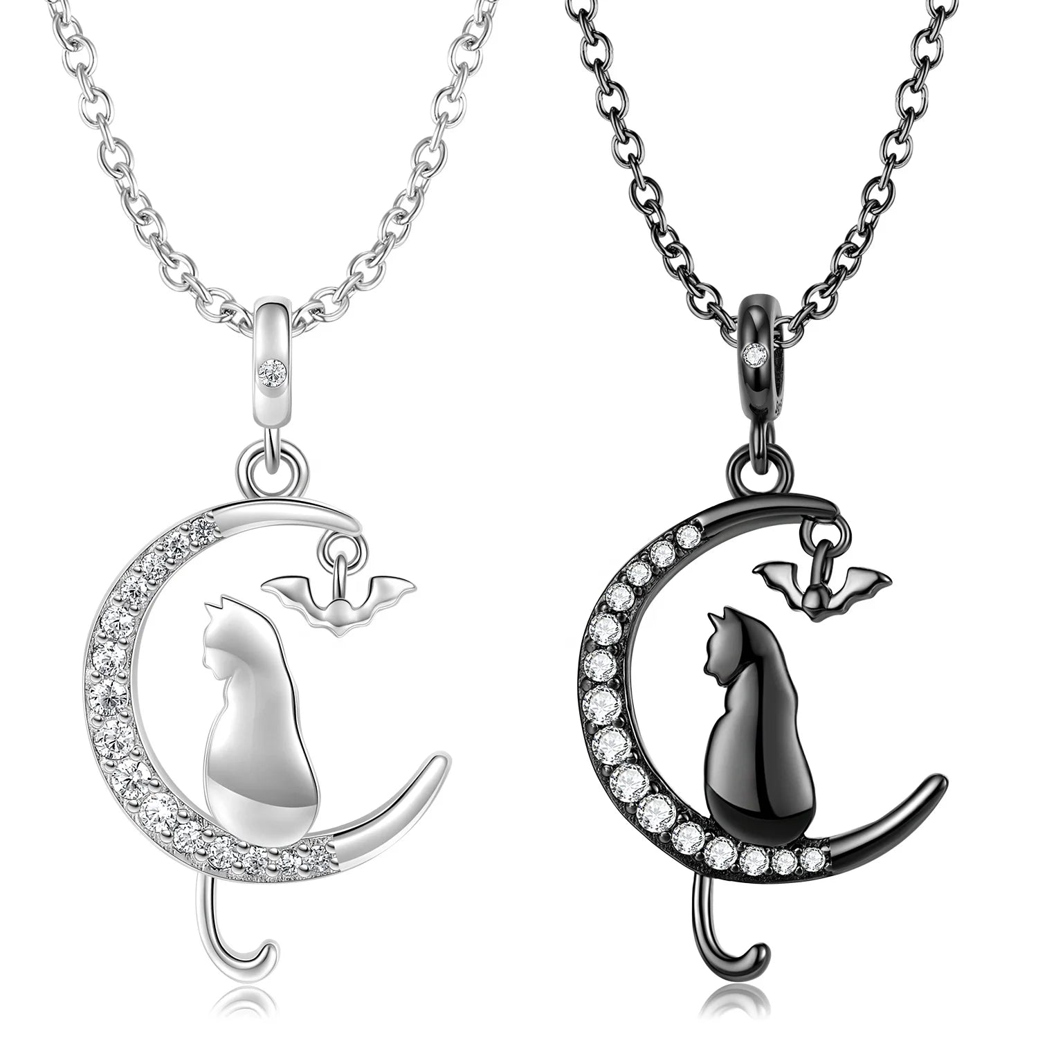 Moon Cat and Bat Necklace Pendant with Clear Zirconia Authentic 925 Sterling Silver for Women Necklace Jewelry Wholesale