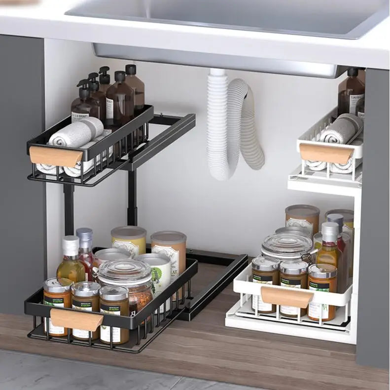 OWNSWING Metal Under Sink Cabinet Organizer Pull Out Sliding Drawers With Wooden Handle