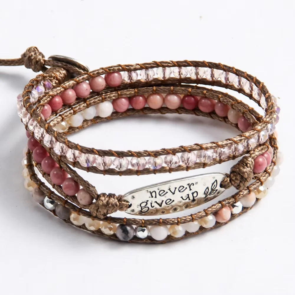 Bohemian Vacation Women's Letter Bracelet 4mm Multicolor Natural Stone Glass Hand-woven 3-strand Words Wrap Bracelet