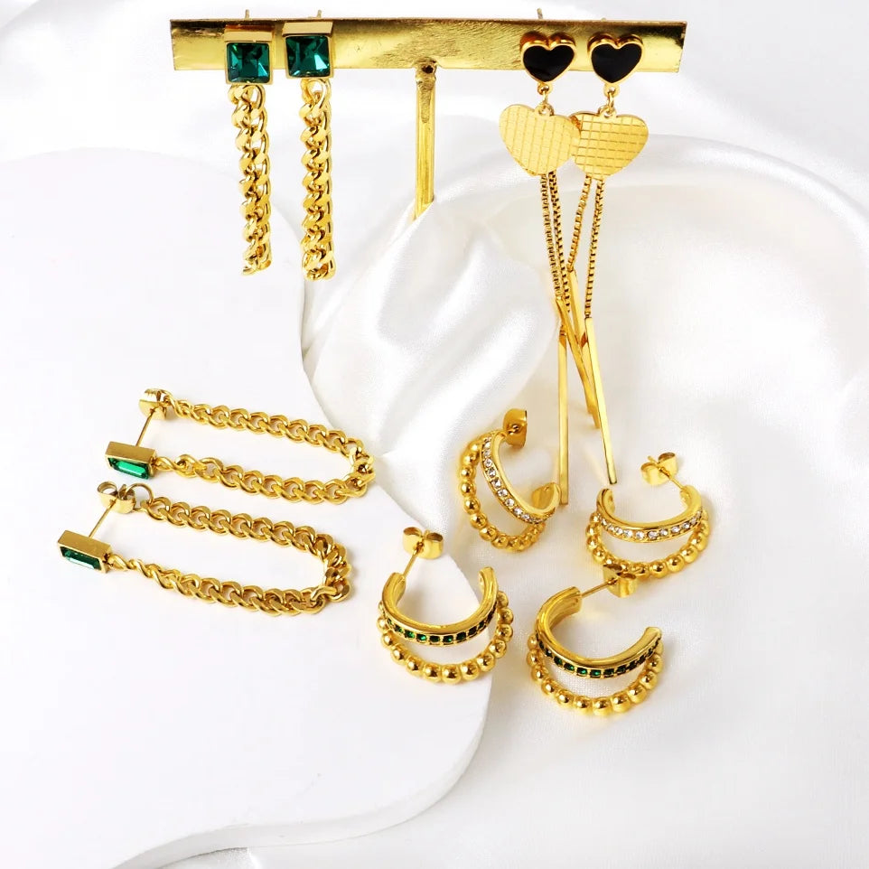 OEM Fashion Jewelry 18k Gold Plated Emerald Cuban Link Loop Earring Stainless Steel Square Green Zircon Tassel Stud Earrings