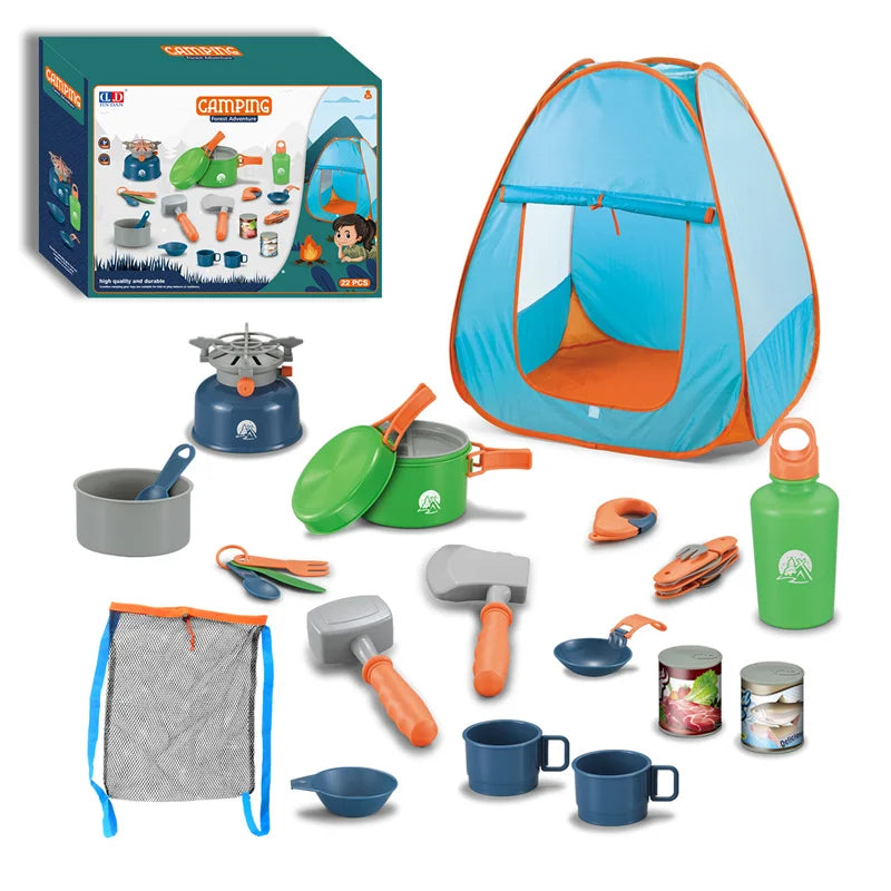 Kids Outdoor & Indoor Camping Set With Tent Camping Gear Toy With Campfire 29PCS Pretend Play Camp Gear Tools for Birthday Gifts
