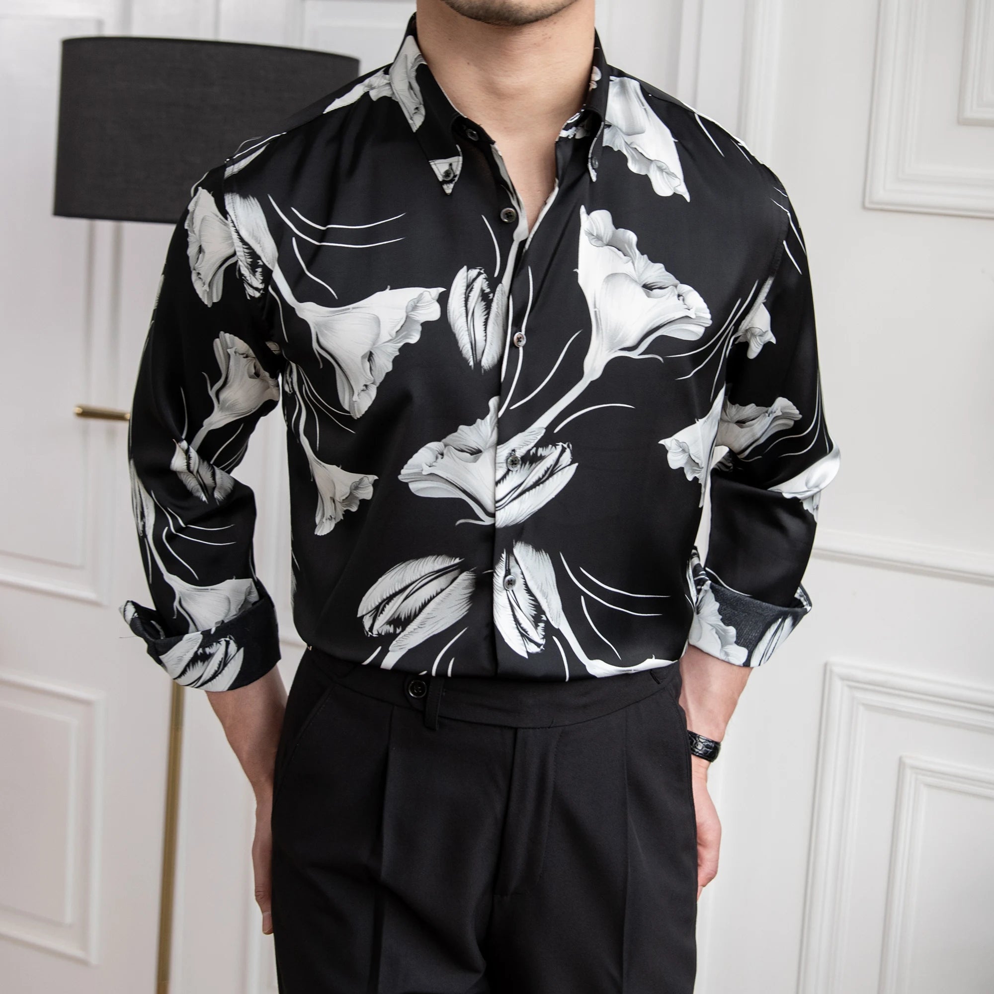 New Design Black Non Iron Printed Long Sleeve Shirt Floral Casual Fashion Men's Shirt