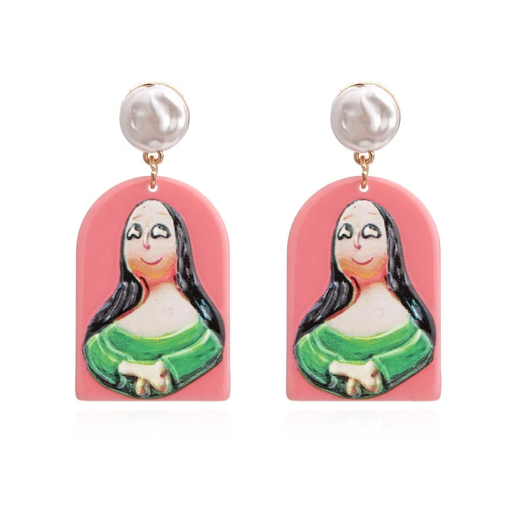 Exaggeration Summer Hand Fun Oil Famous Painting Dripping Girl Pearl Earrings Mona Lisa Shout Van Gogh Acrylic Ear Ring Jewelry
