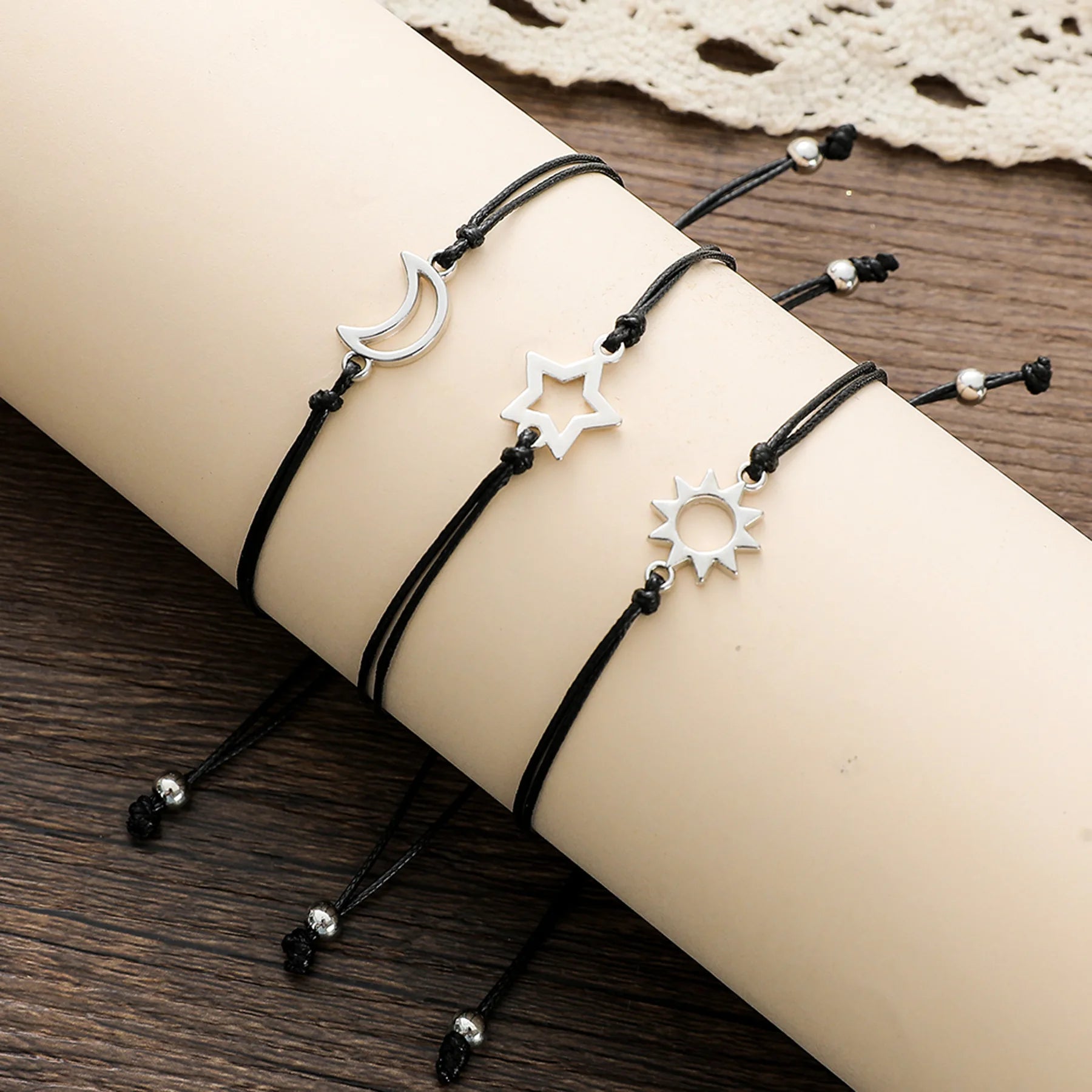 New Friendship Card Bracelet Personality Alloy Sun Moon Star 3-Piece Wax Rope Braided Bracelet
