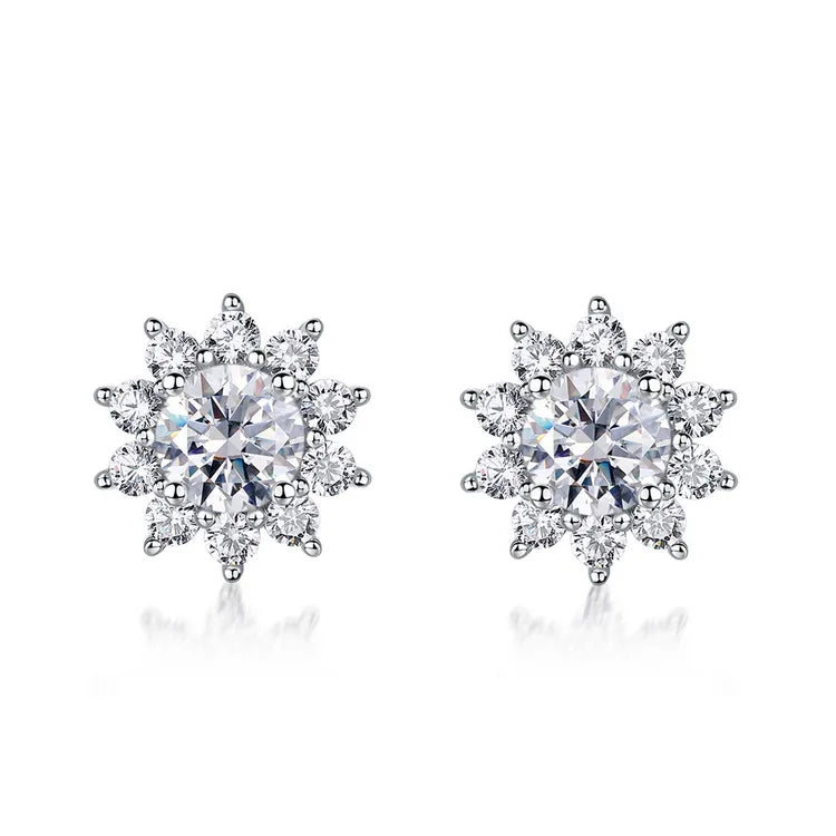 S925 Sterling Silver D Color VVS1 Moissanite Sunflower Halo Stud Earrings for Women