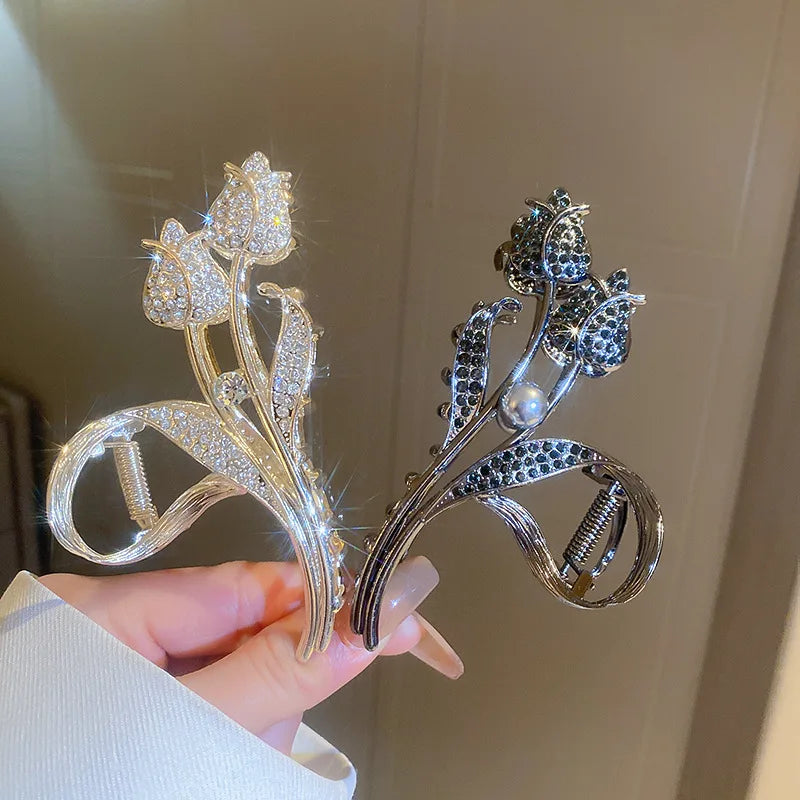 Personalized Creative Rhinestone Shark Hair Clip Rhinestone Flower Hair Claw for Women Diamond Tulip Hair Accessories