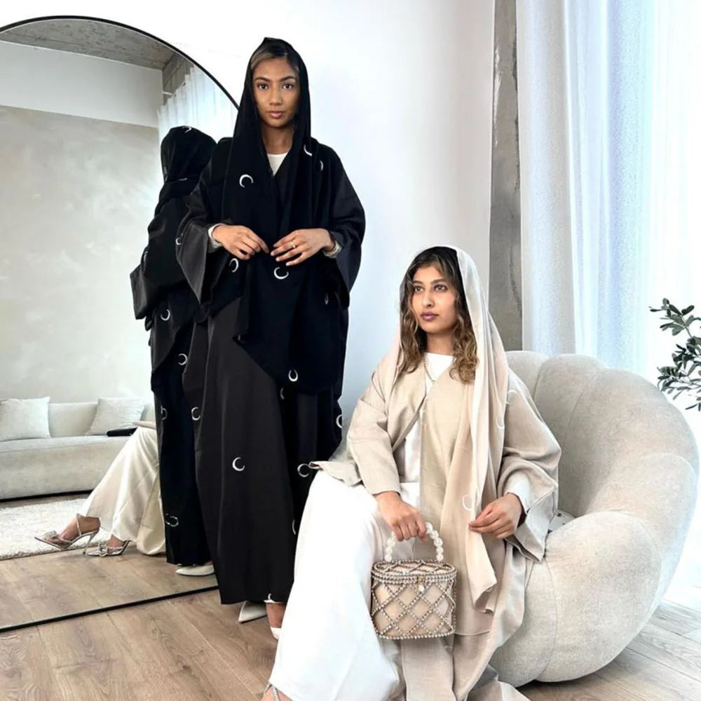 Moon Embroidery Open Abaya Dubai Ramadan EID Islamic Clothing Kimono Abayas Sleeves With Slits for Muslim Women Dress