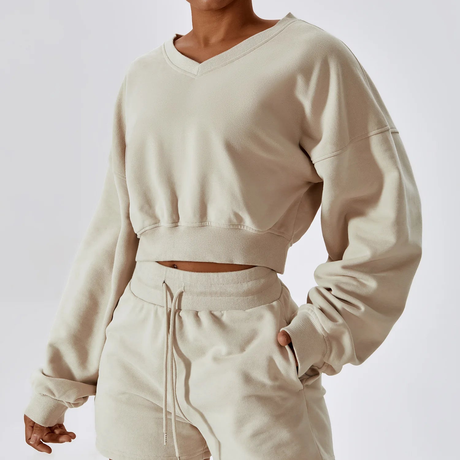 LULUXIXIYAYA Cotton Sport Wear Suits Custom logo Cotton Oversized V Neck Hooded Sweatshirt Women Fall Two Piece Shorts Sets