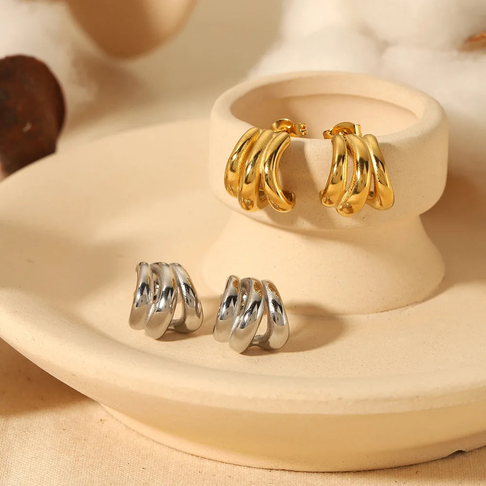 New Stainless Steel C-Shape Statement Earrings 18K Gold Plated Jewelry CC Shaped Three Layers Hollow Earrings for Women Girls