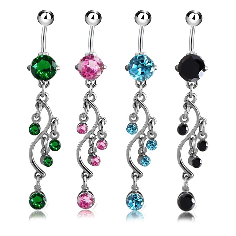 Stainless Steel S Shape Tree Branch Navel Ring Crystal Dangle Vine Belly Women Fashion Piercing Jewelry