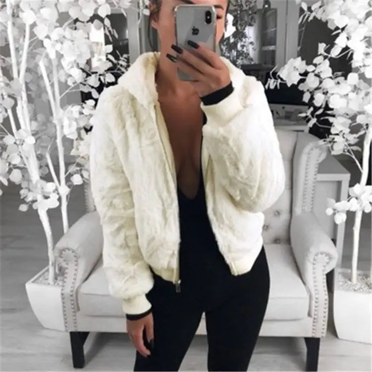 New Faux Fur Women's Short Zipper Coat with Hood Pocket High Waist Fashion Slim Black Red Pink Rabbit Fur Jacket