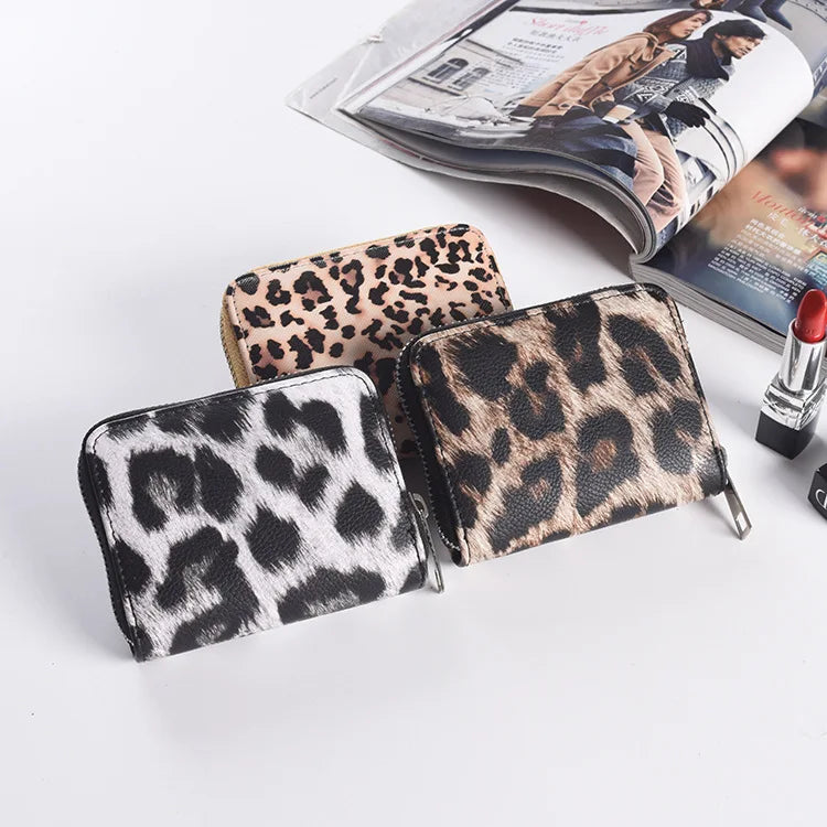 Leopard Print Pu Wrist Strap Zipper Bag Large Capacity Multi-Card Phone Case Card Case Short Wallets Ladies Purs