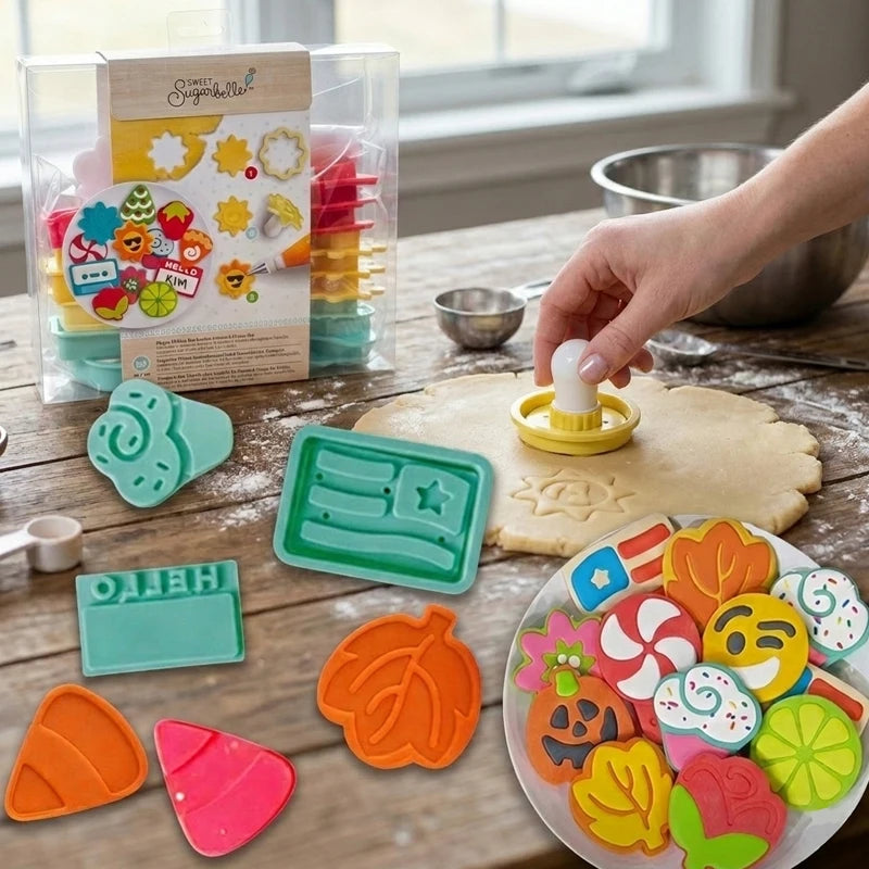 25-Piece Sweet Sugarbelle Cookie Cutter Set - Interchangeable Biscuit Stamp & Fondant Embosser Kit - Plastic DIY Baking Tools