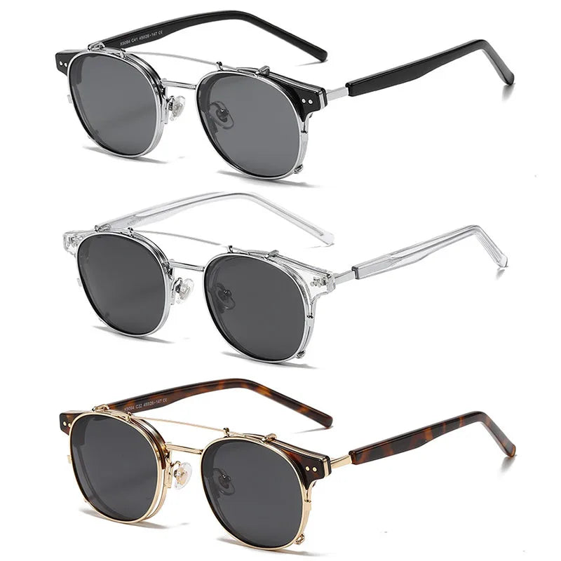 2023 Newest Double Lens Steampunk Sun Glasses Polarized Clip Round Retro Acetate Temple Sunglasses Men