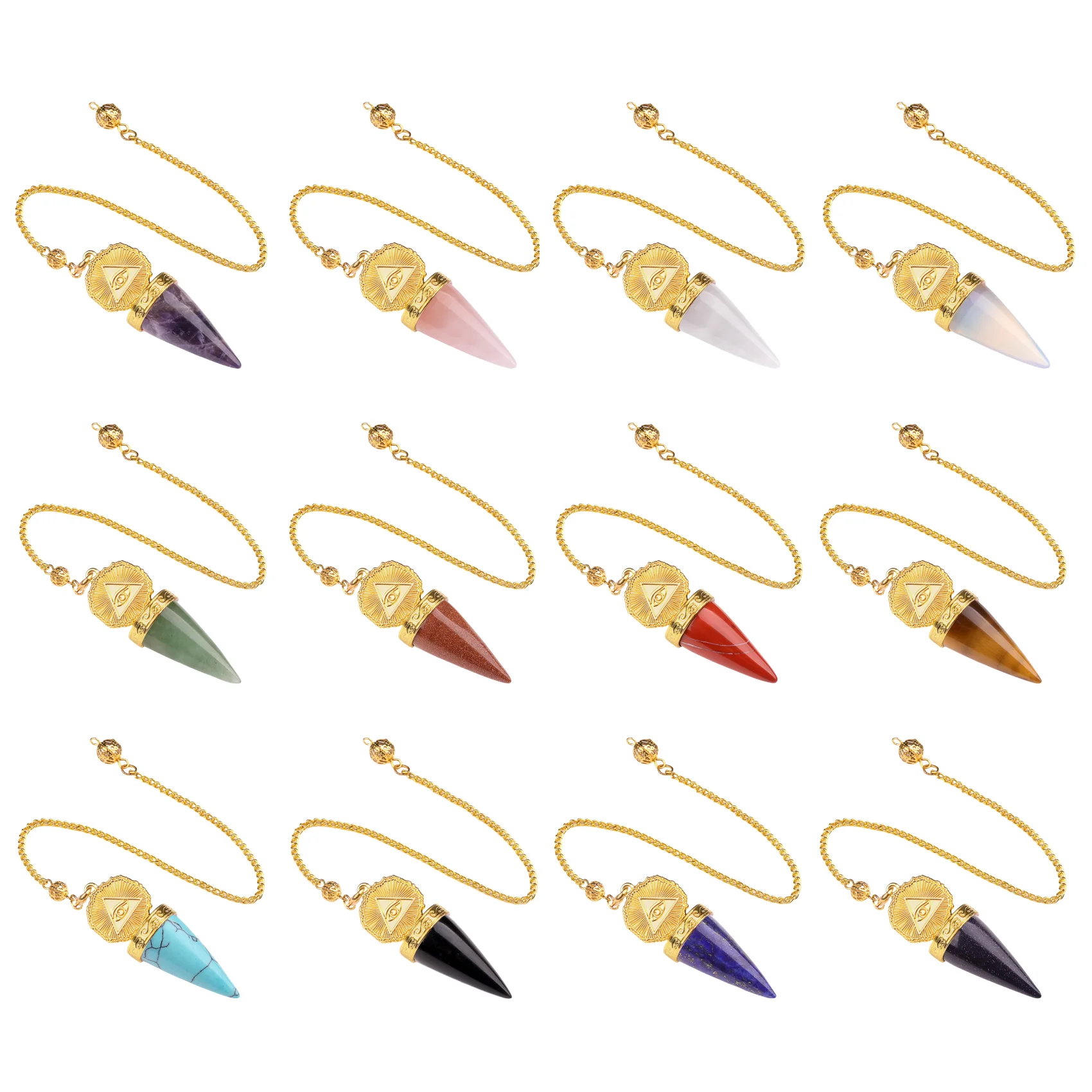 Gold Retro Pattern Stone Pendulum&Chain Natural Crystal Stone for Spiritual Use Divination Hypnosis Healing Soul Witchcraft