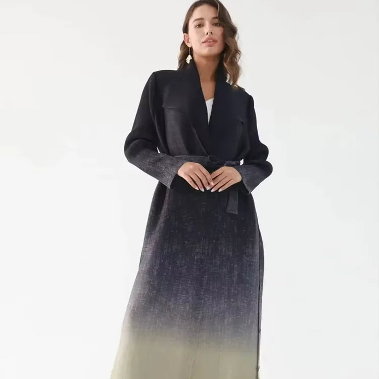 PROMISTAR Miyake Pleated Turndown Collar Double Breasted Button Long Sleeve Gradient Women New Abaya Original Designer Clothes