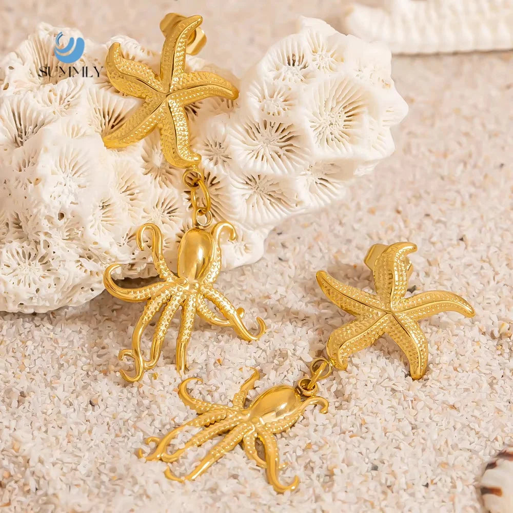 SUMMLY Trendy Ocean Collection Beach Shell Sea Creature Exquisite Charm 18K Gold Plated Stainless Steel Earrings Fashion Jewelry