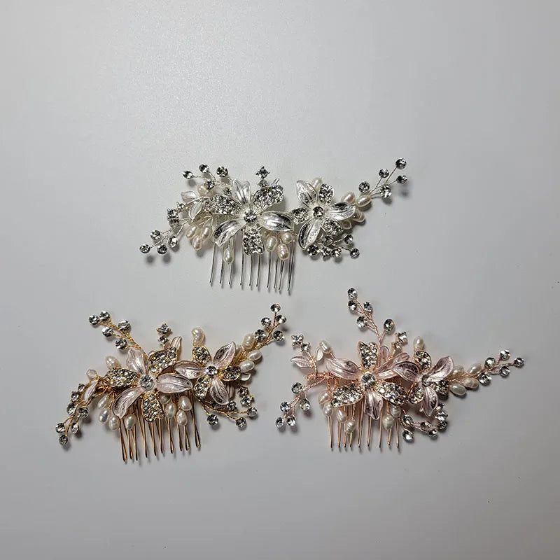 SLBRIDAL Handmade Rhinestones Crystal Freshwater Pearls Flower Bridal Hair Comb Wedding Headdress Hair Accessories Women Jewelry