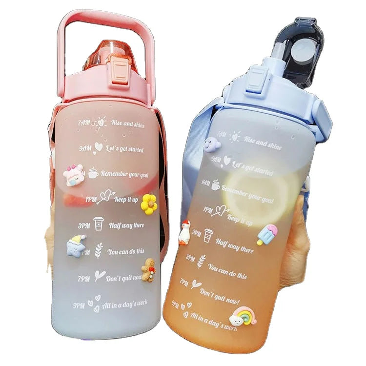 3 in 1 Children Straw Water Bottle 2000ml Sport Plastic Water Bottle Kids School Gradient Calibration Tails Bottles
