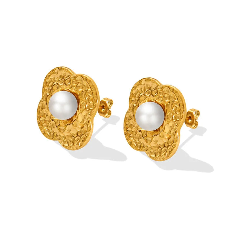INS Imitation Pearl Four Leaf Flower Shaped Stainless Steel Jewelry Stud Earrings for Girls' Gift