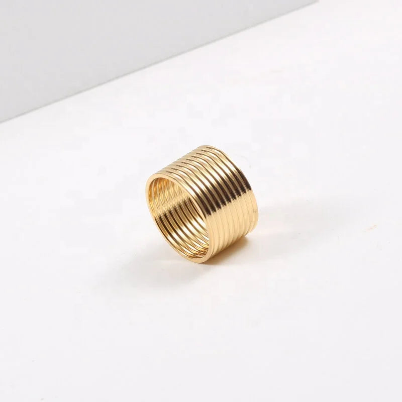 Luxury Lady Stainless Steel Simple Layers 18K Gold Plating 10mm Ring
