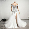 Ocstrade Luxury Silver Rhinestone White Ruffle Train Ball Gown Evening Party Women Wedding Dress Autotest K004 K008 K014 K019