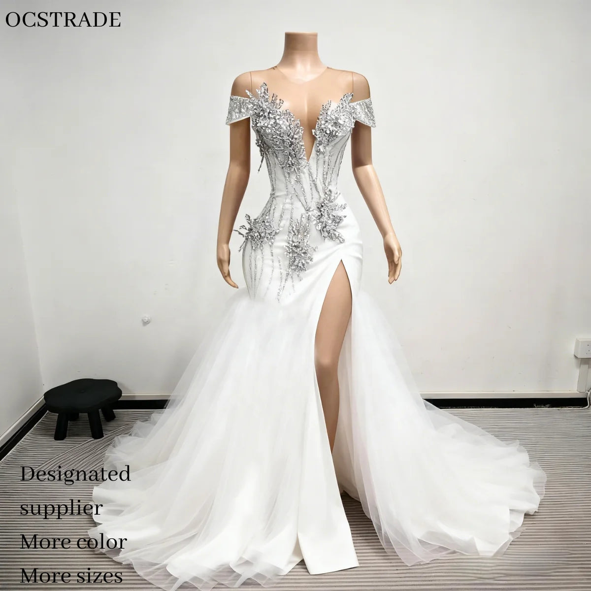 Ocstrade Luxury Silver Rhinestone White Ruffle Train Ball Gown Evening Party Women Wedding Dress Autotest K004 K008 K014 K019