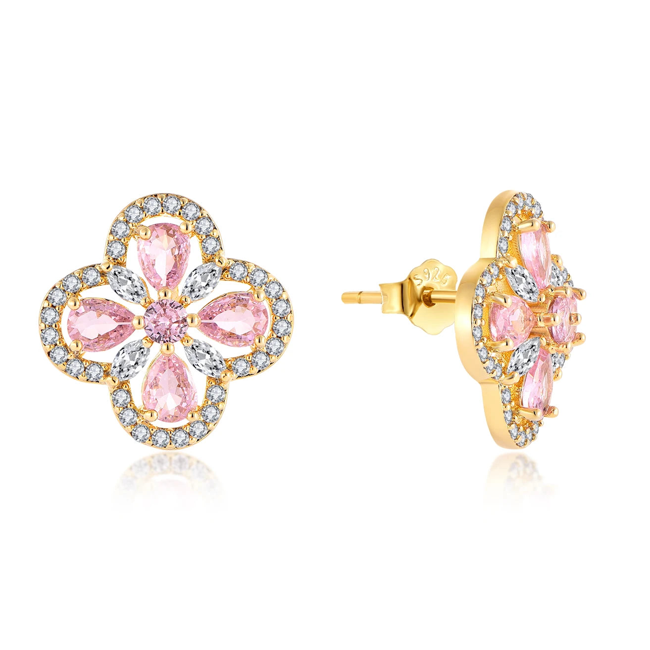 QX Custom OEM Fine Jewelry Four-leaf Clover Flower Women Luxury 18K Gold Plated 925 Sterling Silver CZ Stud Earrings