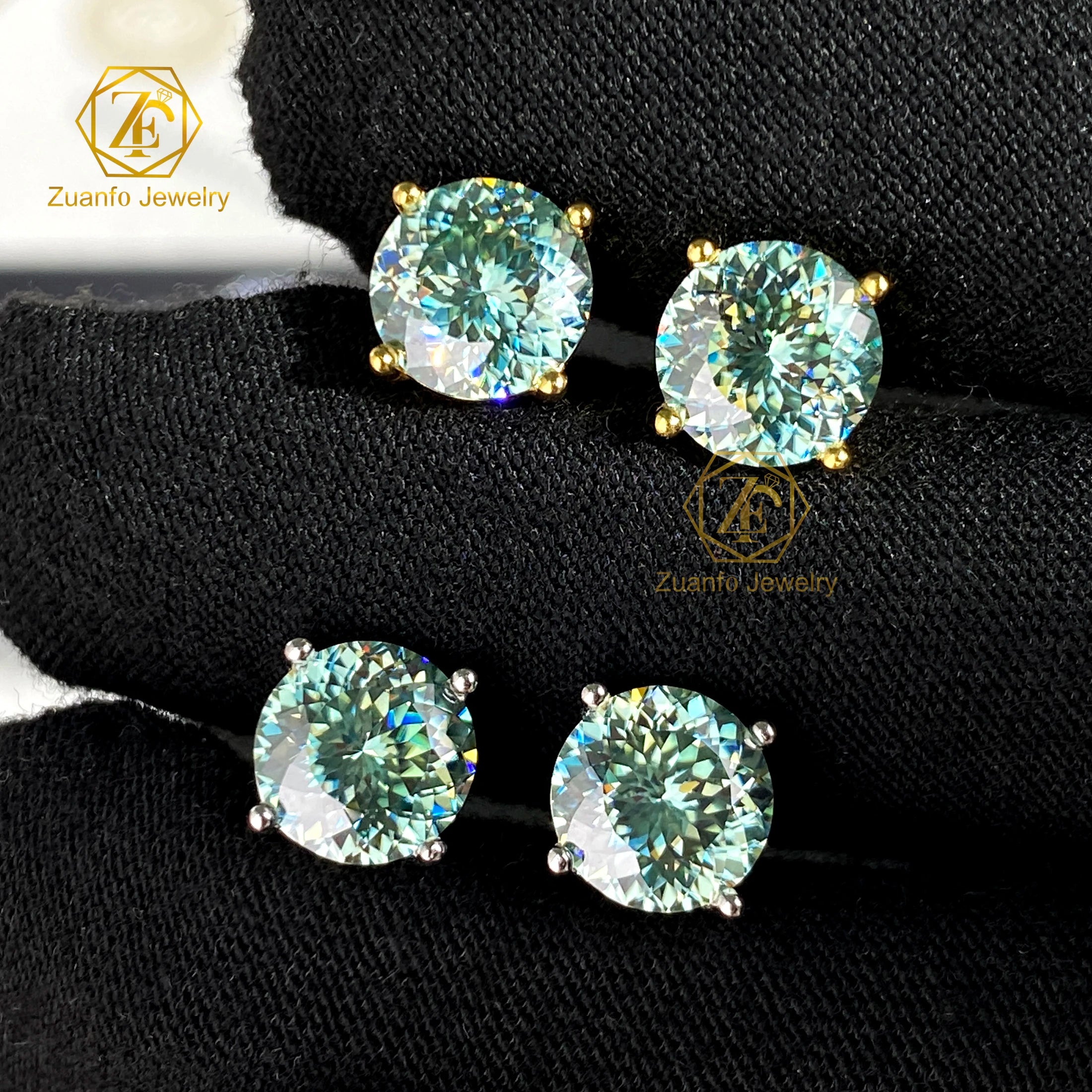 Ready to Ship Special Design 925 Sterling Silver Gold Plated 8mm 2Carat Green Color Portuguese Cut Moissanite Stud Earrings